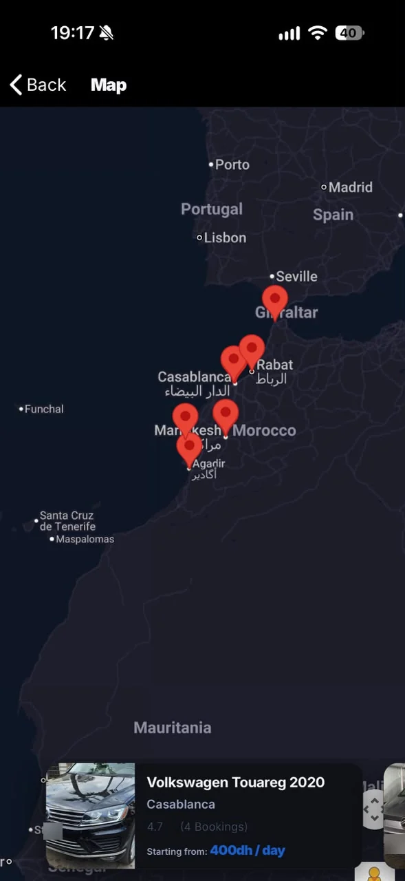 Application KeyLend — carte des véhicules disponibles au Maroc